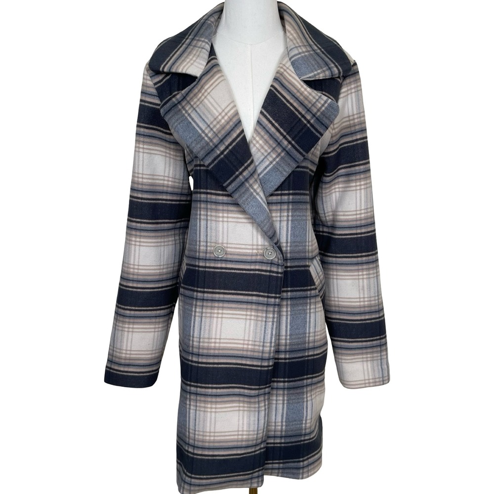 Hollister Plaid Double Breasted Trench Pea‎ Coat Womens M Beige Blue Gray Lined - Picture 2 of 10